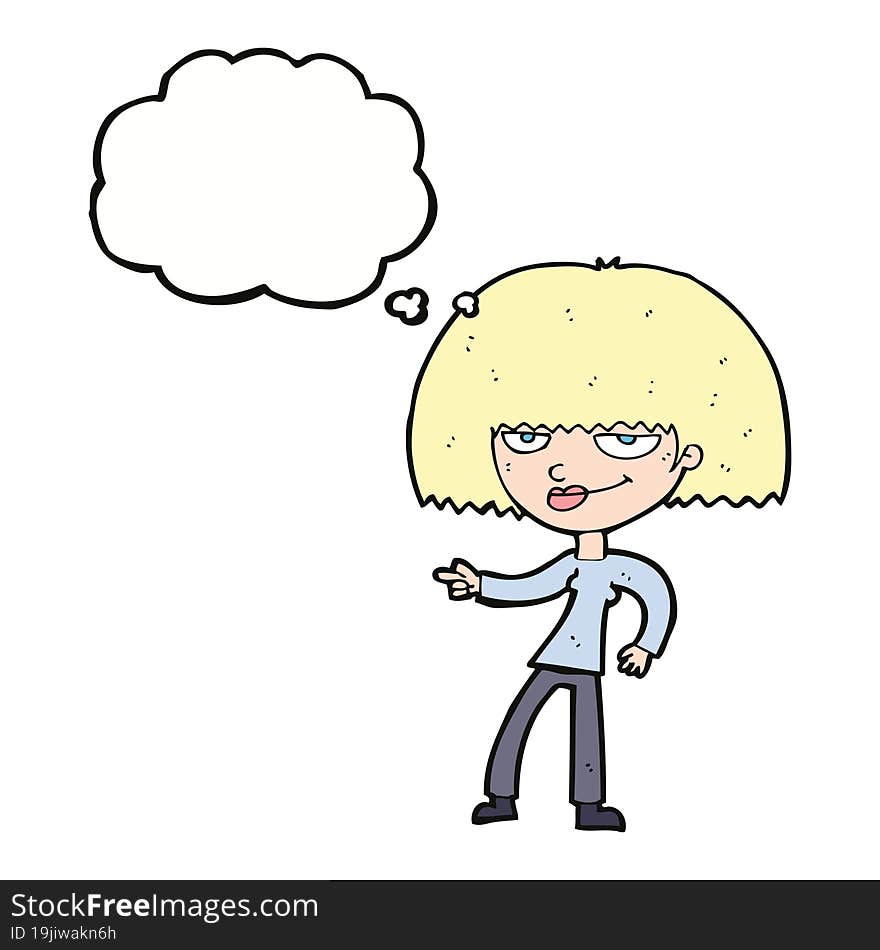 cartoon happy woman pointing with thought bubble