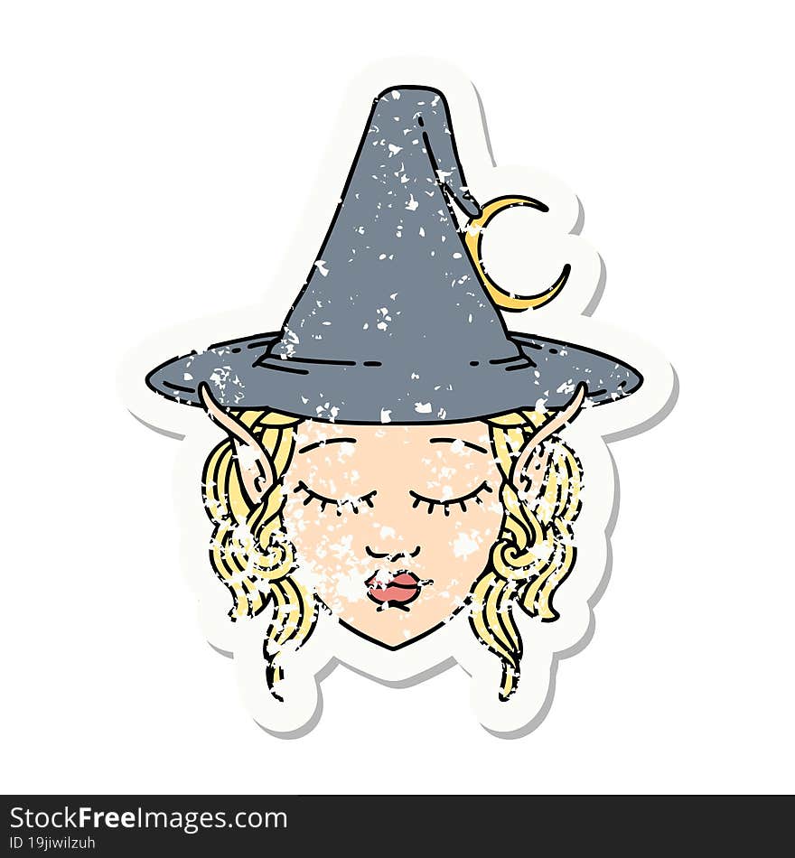 grunge sticker of a elf mage character face. grunge sticker of a elf mage character face