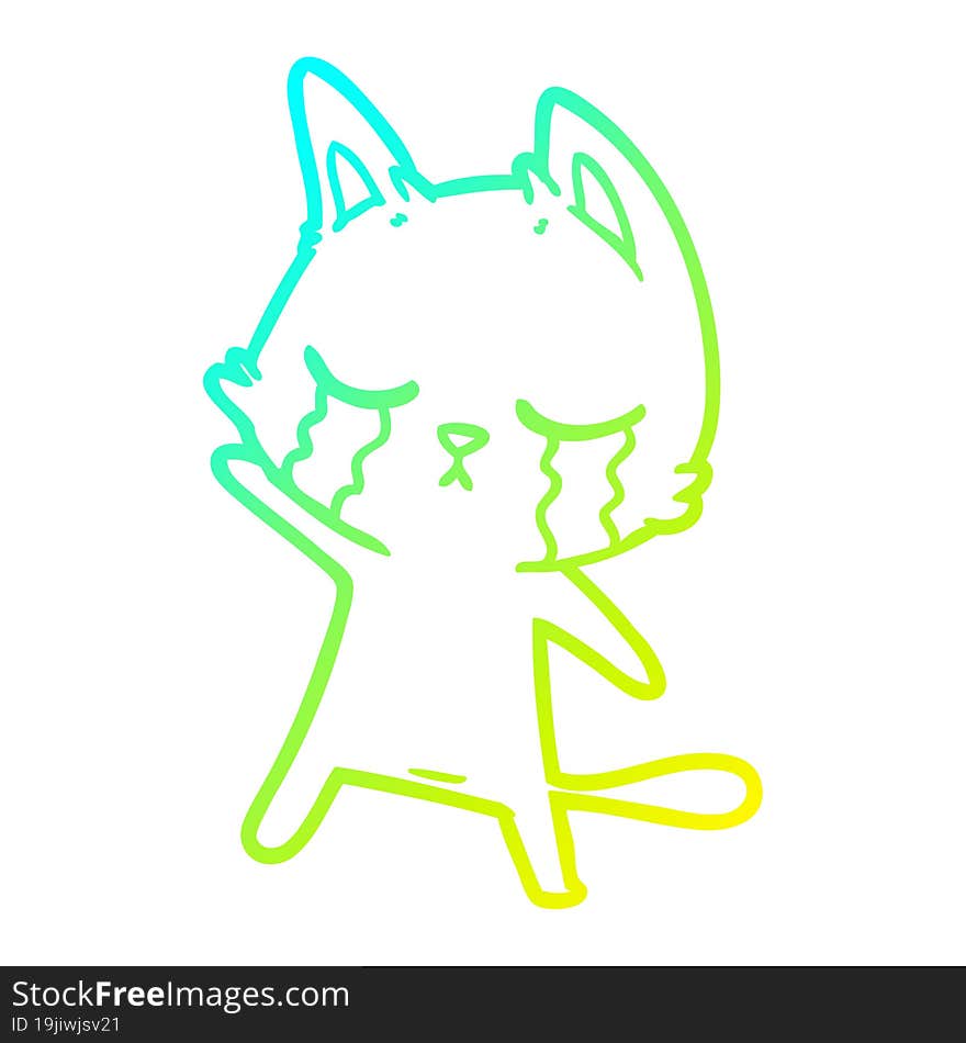 cold gradient line drawing of a crying cartoon cat