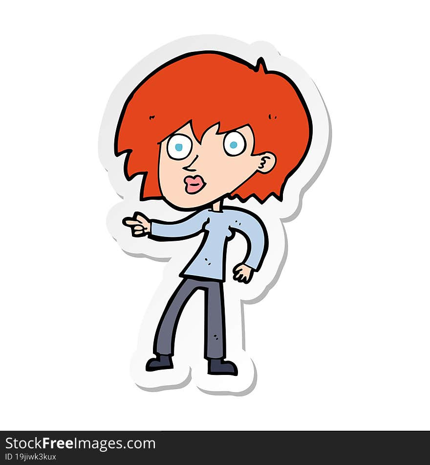 sticker of a cartoon surprised woman pointing