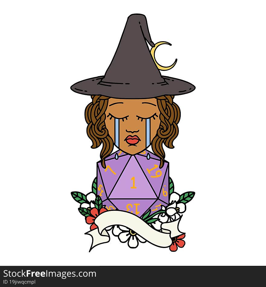 Retro Tattoo Style human witch with natural one D20 roll. Retro Tattoo Style human witch with natural one D20 roll