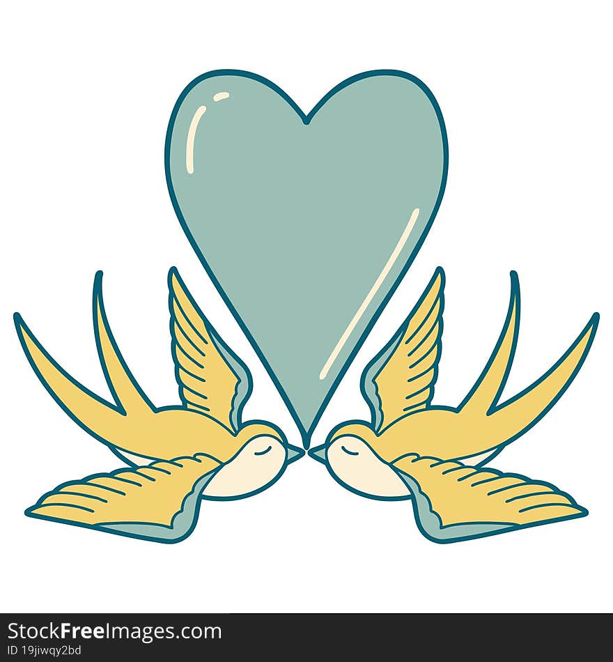 iconic tattoo style image of swallows and a heart. iconic tattoo style image of swallows and a heart