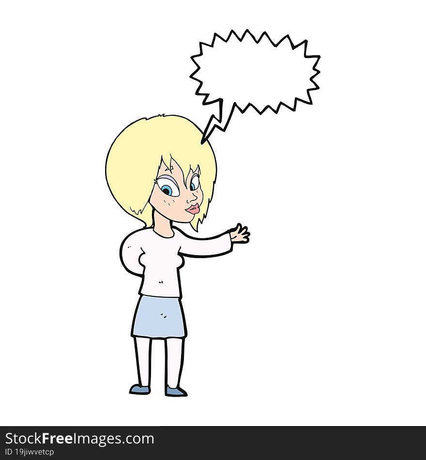 cartoon woman making welcome gesture with speech bubble