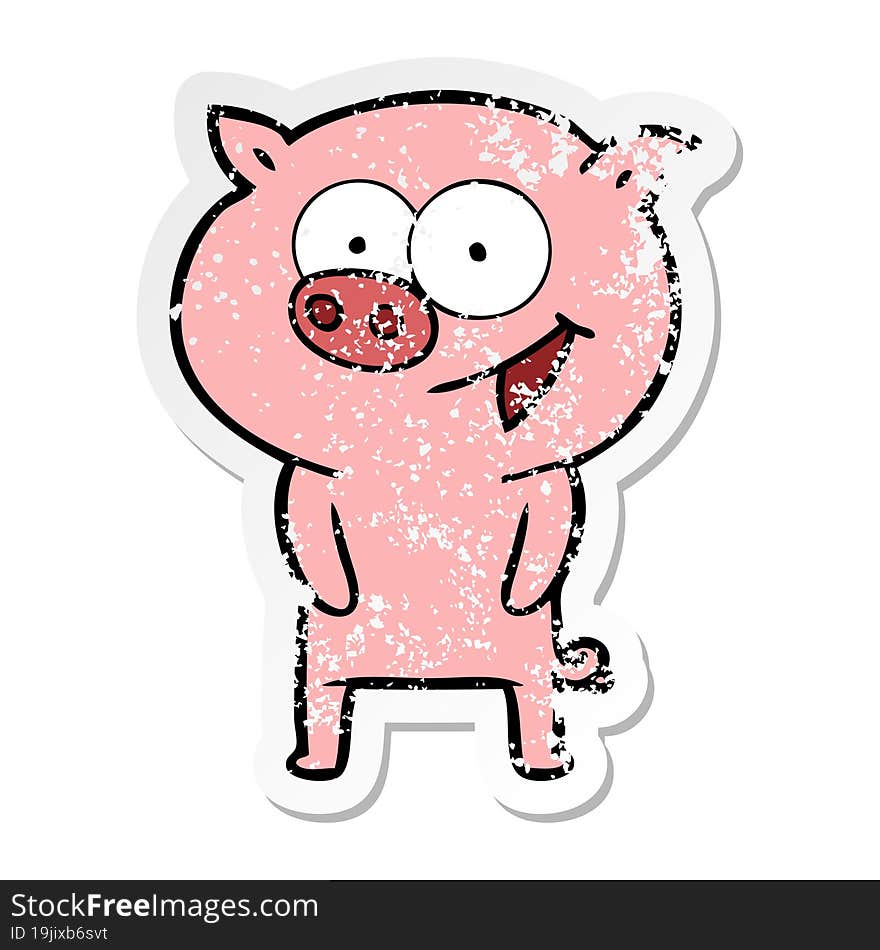 distressed sticker of a cheerful pig cartoon