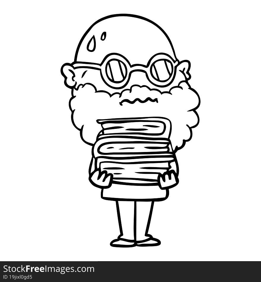 cartoon worried man with beard and stack of books. cartoon worried man with beard and stack of books