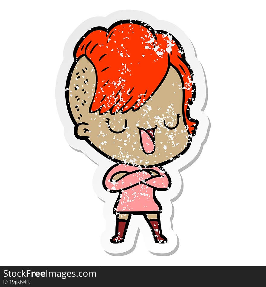 distressed sticker of a cute cartoon girl with hipster haircut