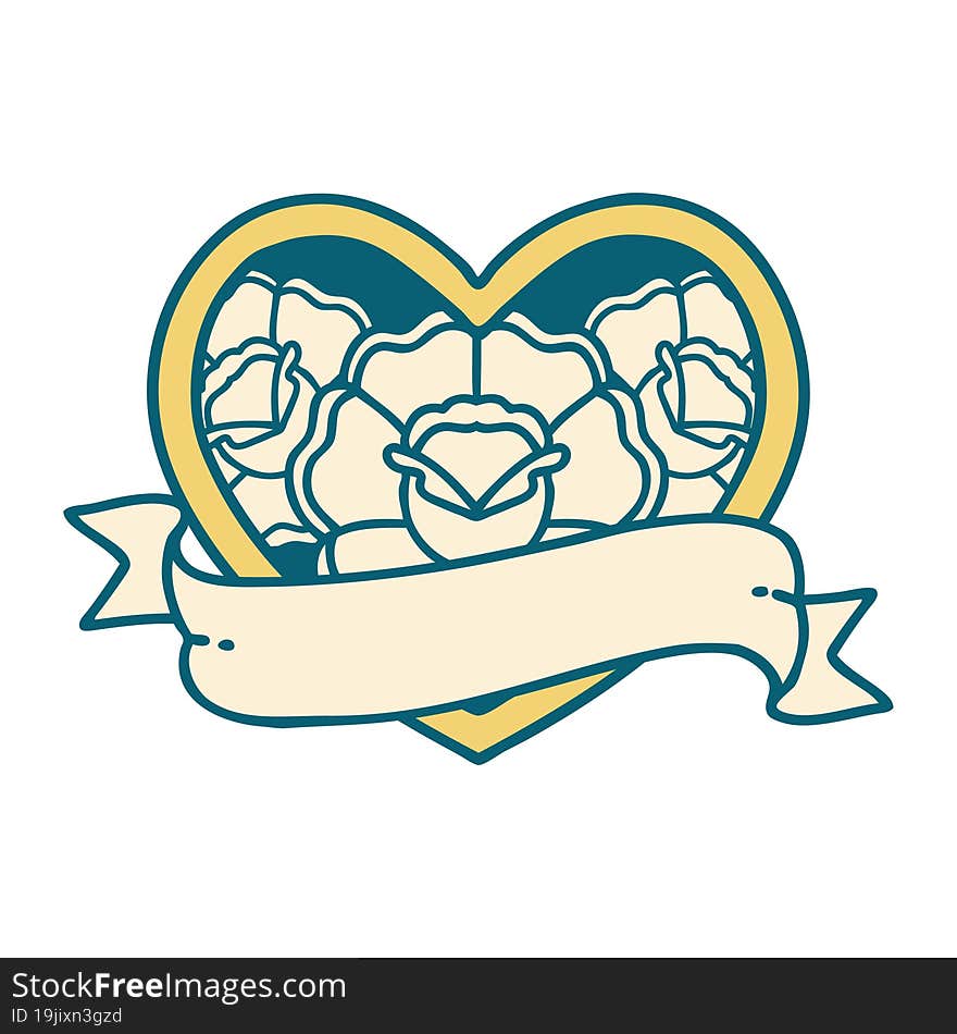 iconic tattoo style image of a heart and banner with flowers. iconic tattoo style image of a heart and banner with flowers