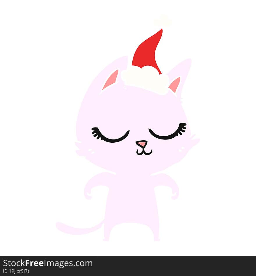 calm flat color illustration of a cat wearing santa hat