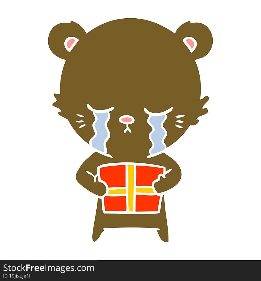 crying flat color style cartoon bear with present