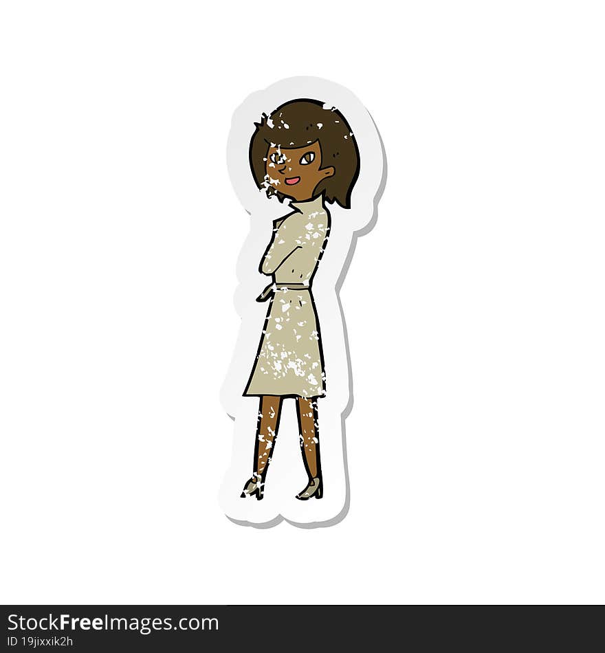 retro distressed sticker of a cartoon woman in trench coat