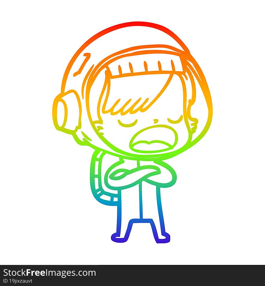 rainbow gradient line drawing cartoon astronaut woman explaining