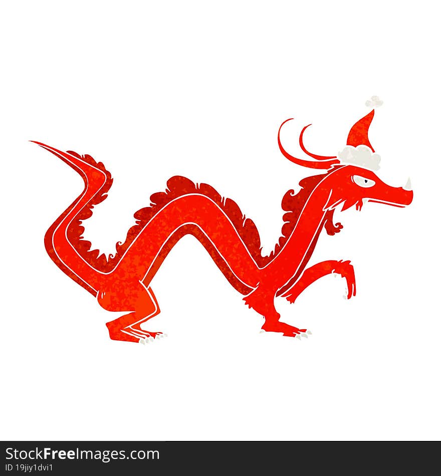 hand drawn retro cartoon of a dragon wearing santa hat