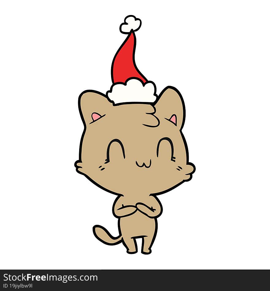 line drawing of a happy cat wearing santa hat