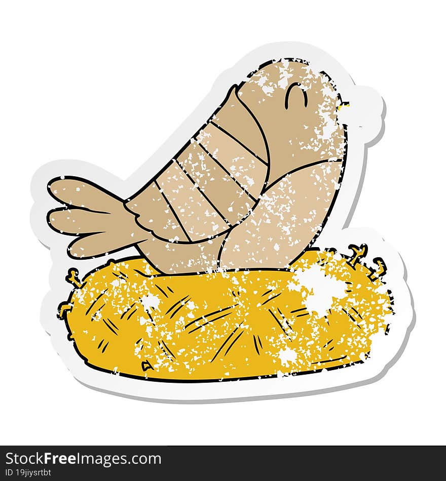 distressed sticker of a cartoon bird sitting on nest