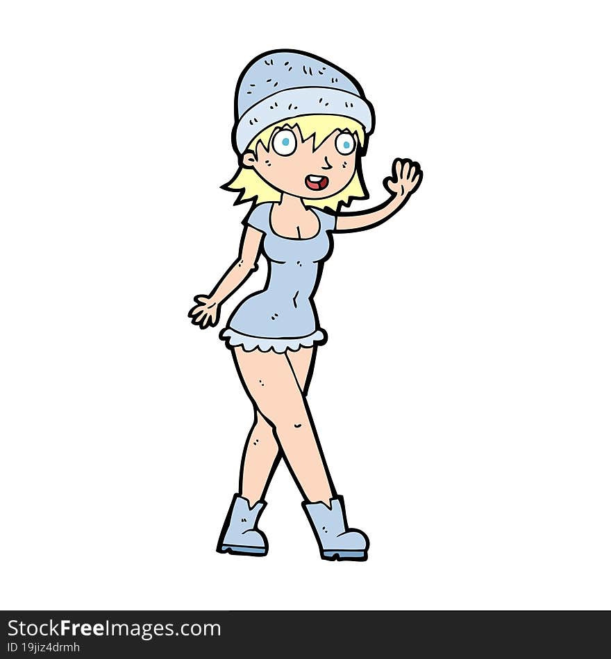 cartoon pretty girl in hat waving