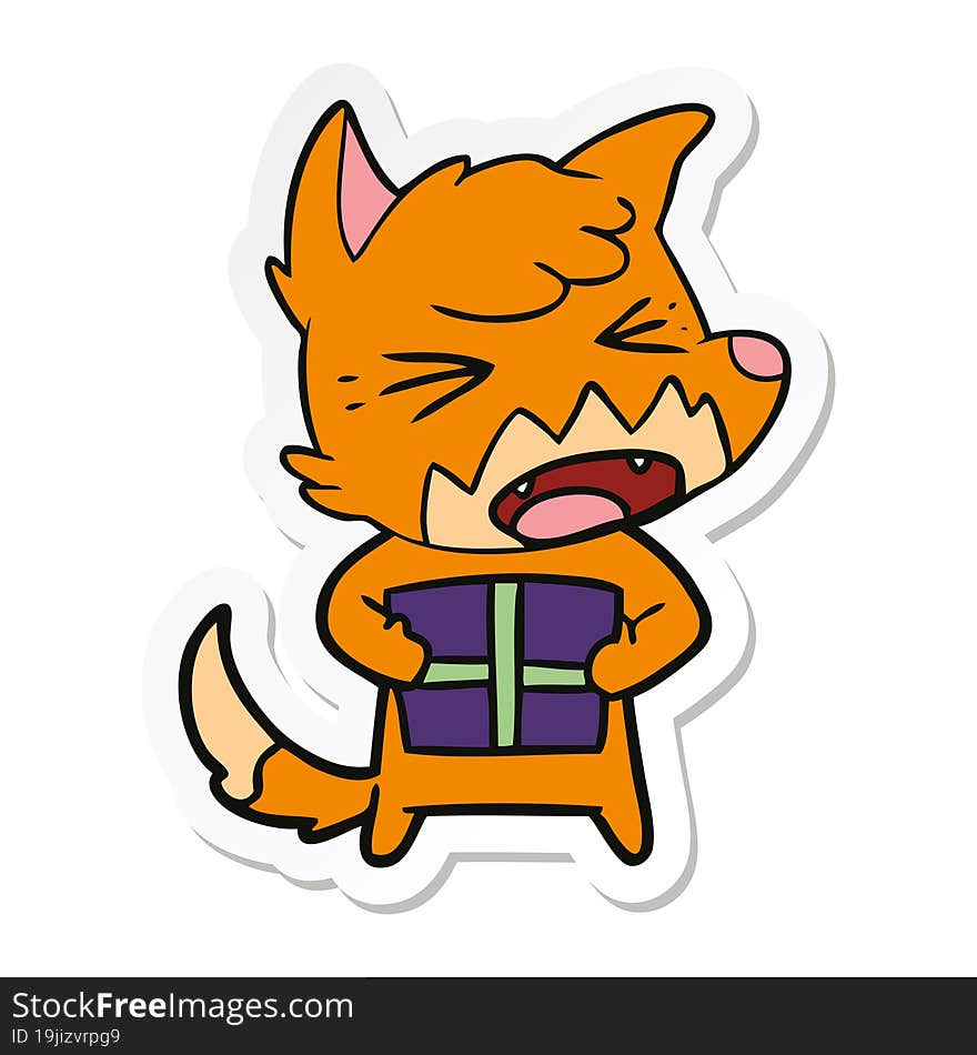 Sticker Of A Angry Cartoon Fox With Christmas Present