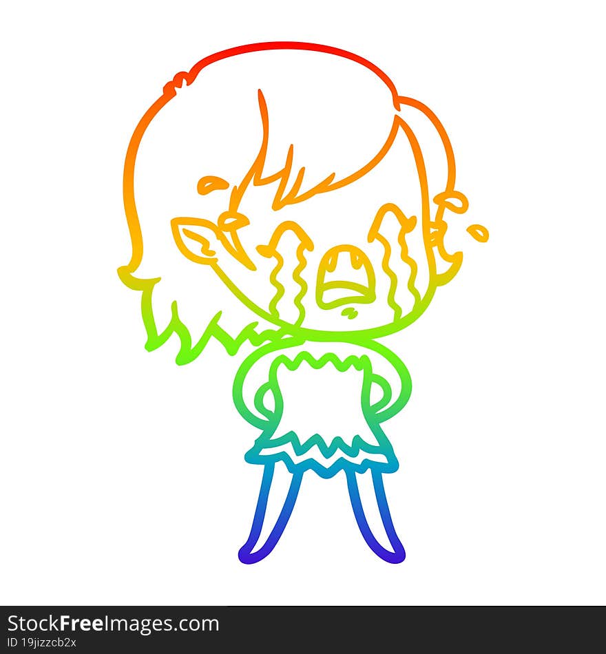 rainbow gradient line drawing cartoon crying vampire girl