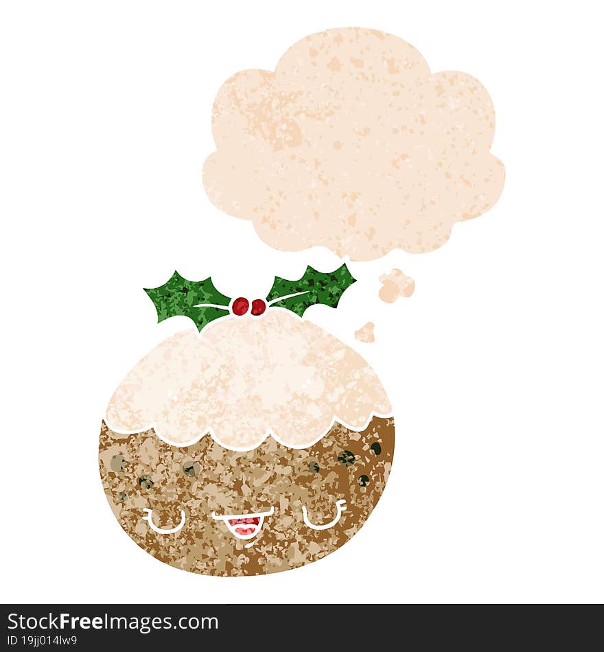 Cute Cartoon Christmas Pudding And Thought Bubble In Retro Textured Style