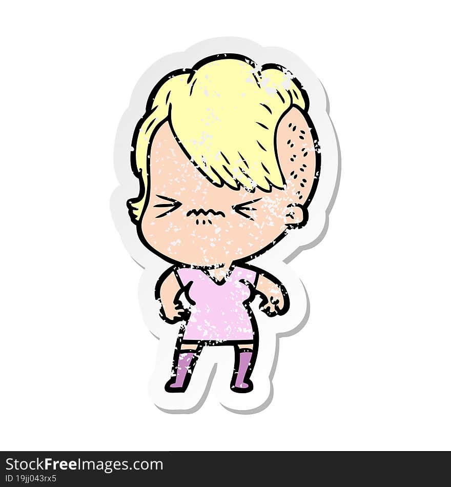 distressed sticker of a cartoon annoyed hipster girl