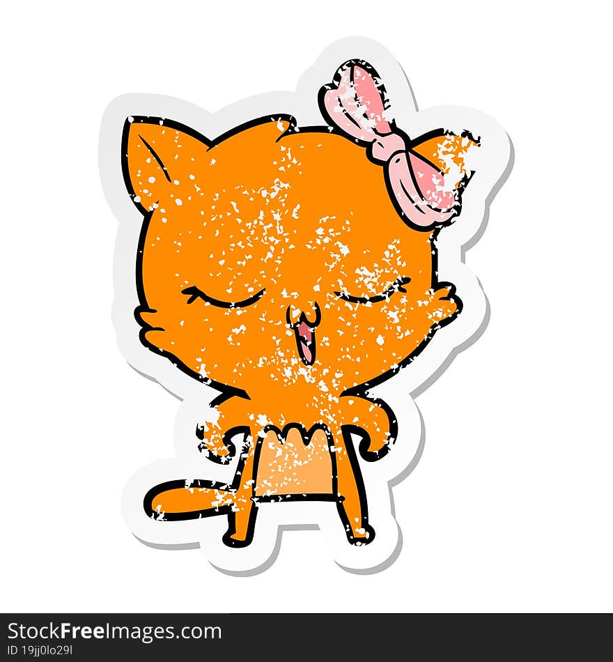 distressed sticker of a cartoon cat with bow on head