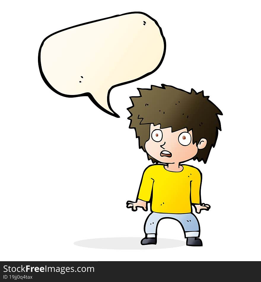 cartoon frightened boy with speech bubble