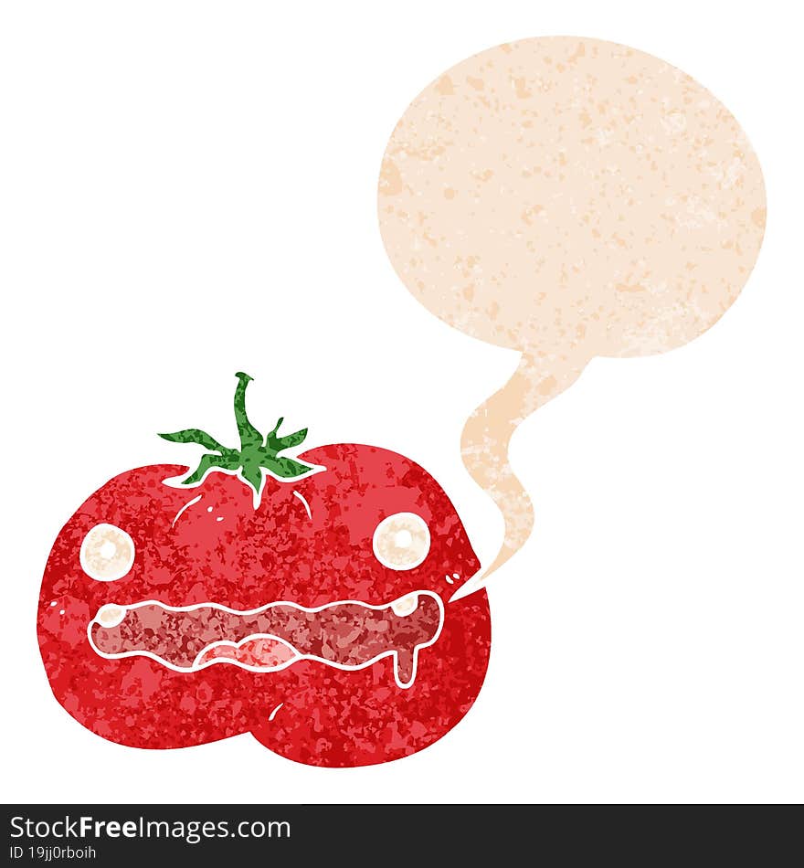 cartoon tomato and speech bubble in retro textured style