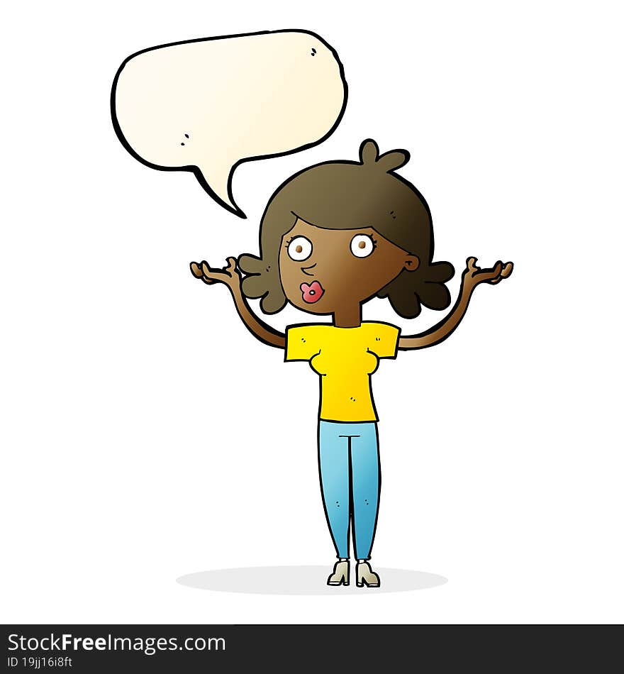 cartoon woman throwing arms in air with speech bubble