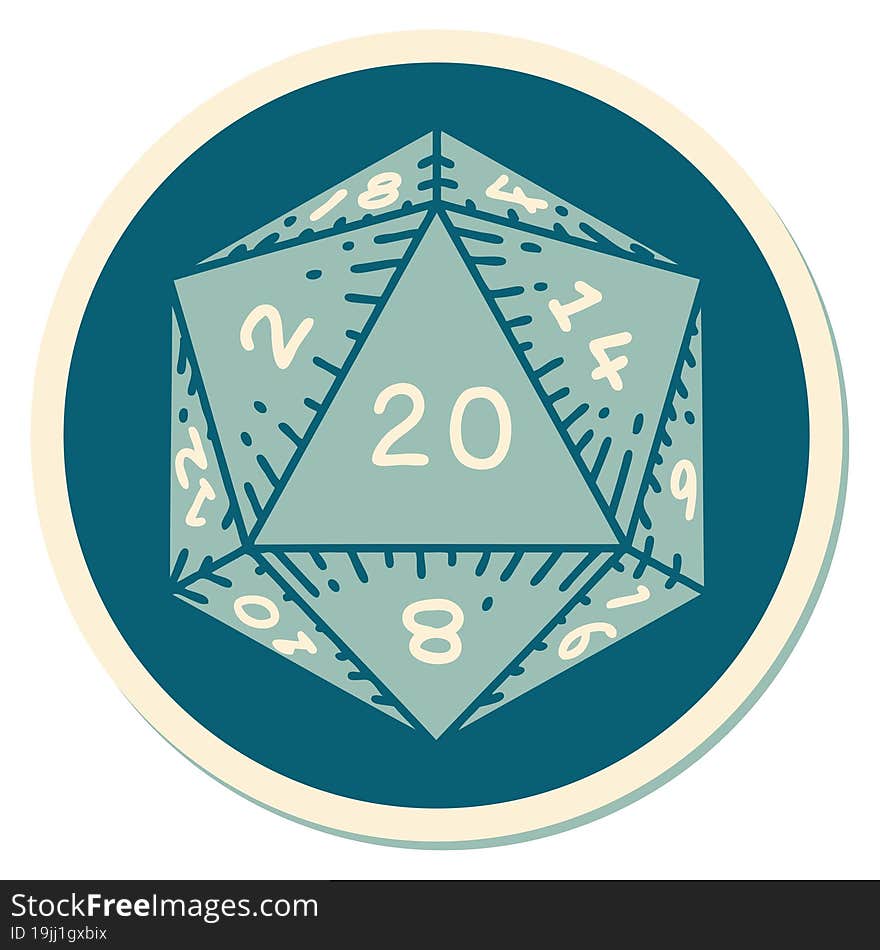 sticker of tattoo in traditional style of a d20 dice. sticker of tattoo in traditional style of a d20 dice