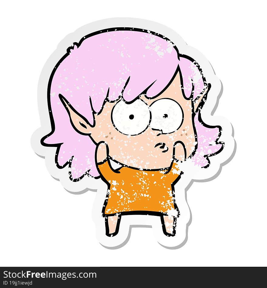 distressed sticker of a cartoon elf girl staring