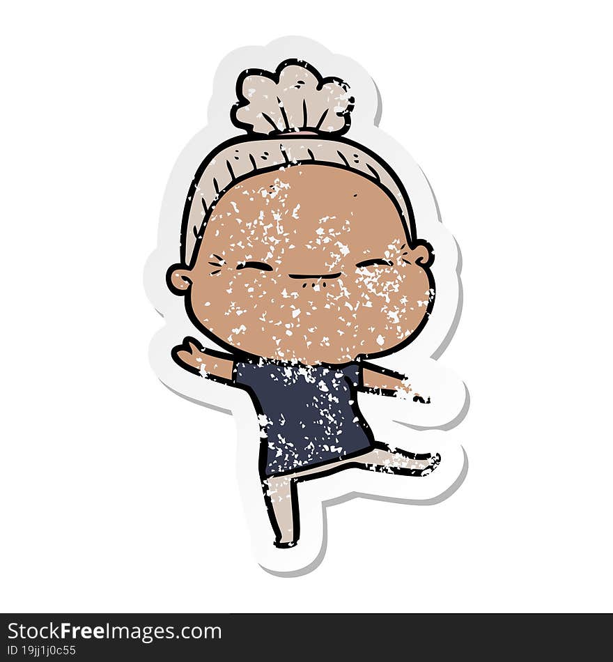 distressed sticker of a cartoon peaceful old woman