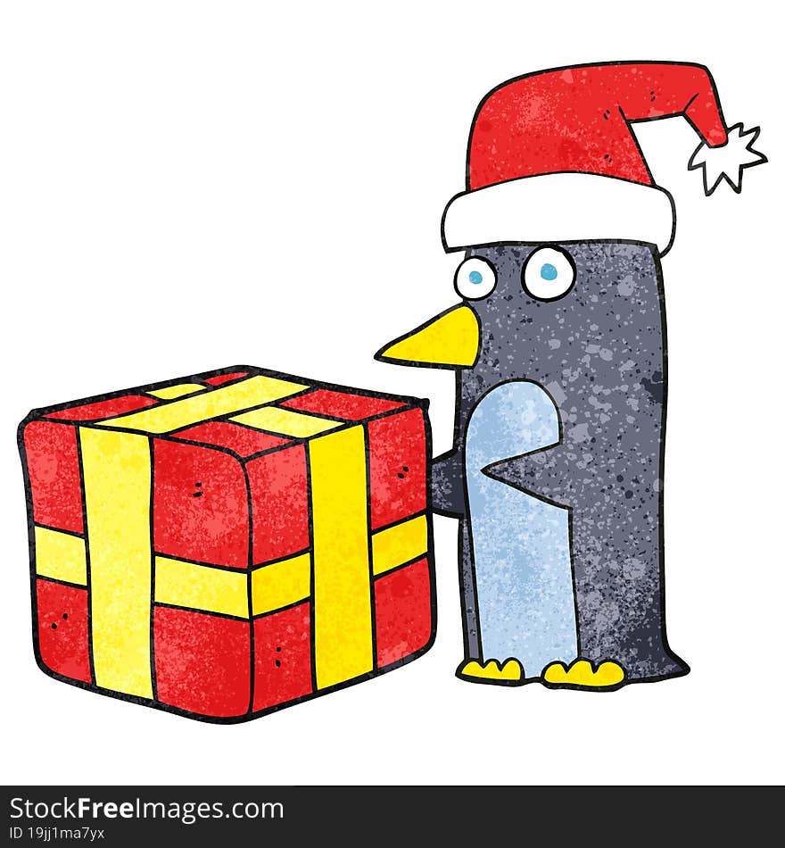 freehand textured cartoon christmas penguin with present