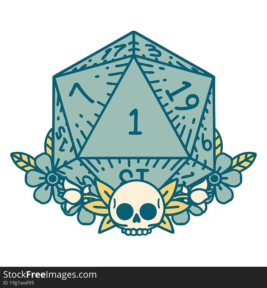 natural one dice roll with floral elements illustration