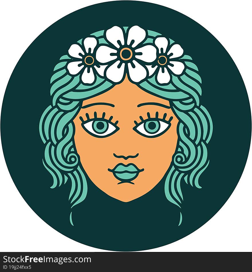 tattoo style icon of female face with crown of flowers