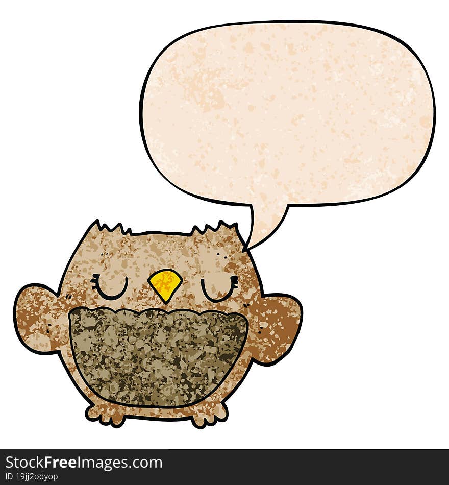 cartoon owl and speech bubble in retro texture style