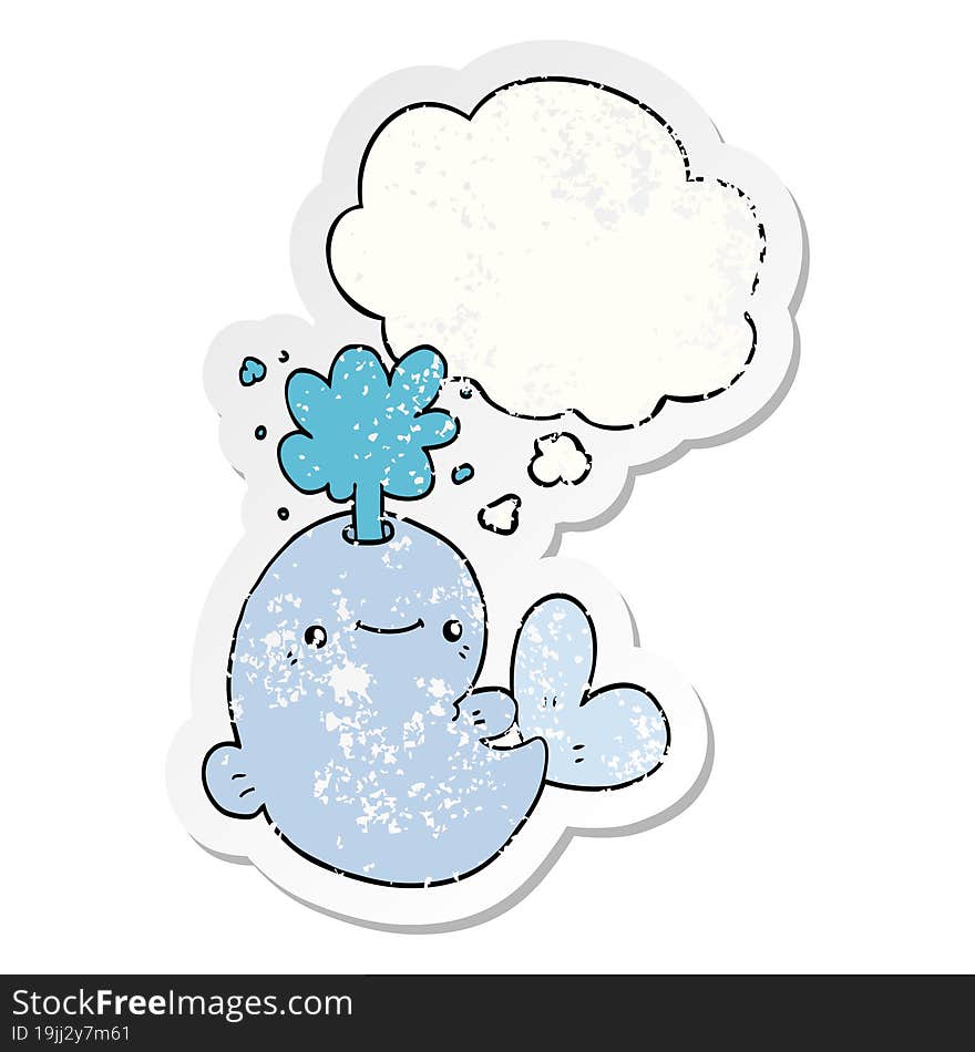 cartoon whale spouting water and thought bubble as a distressed worn sticker