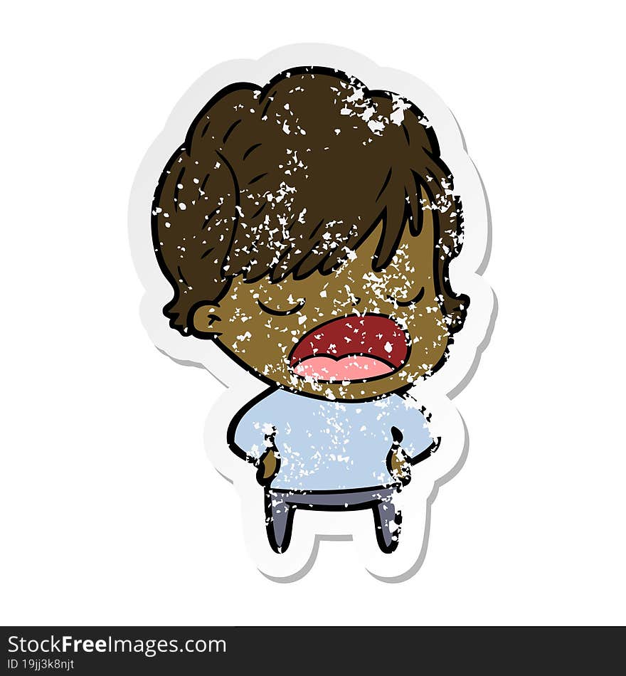 distressed sticker of a cartoon woman talking