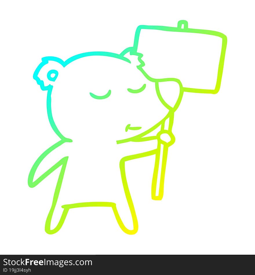 cold gradient line drawing of a happy cartoon polar bear with sign