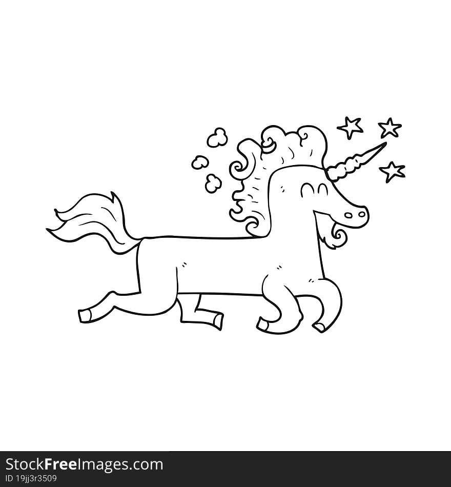 freehand drawn black and white cartoon unicorn