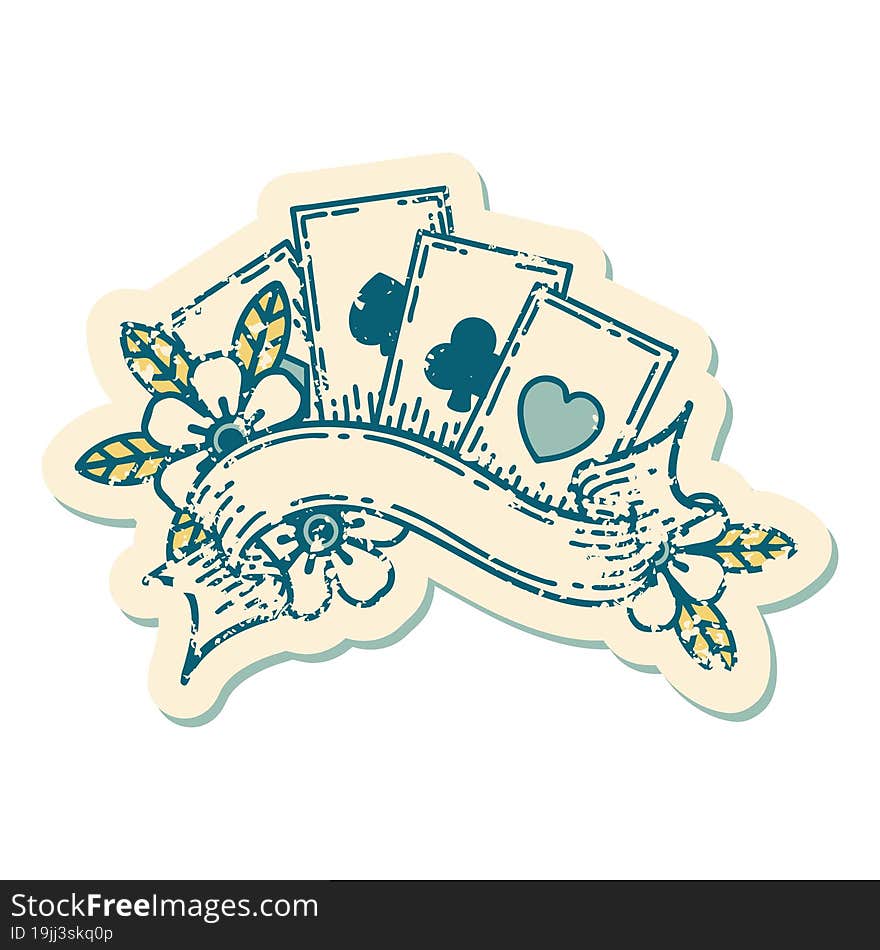 distressed sticker tattoo style icon of cards and banner