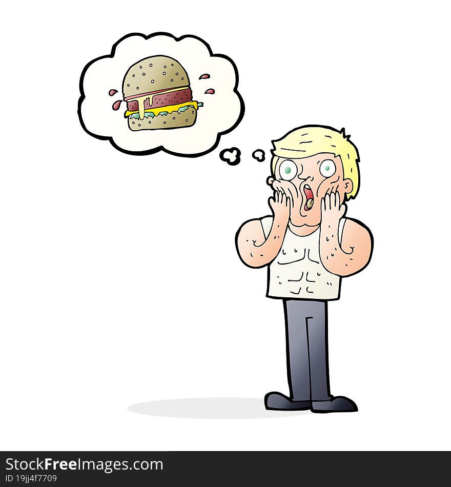 cartoon shocked man thinking about junk food