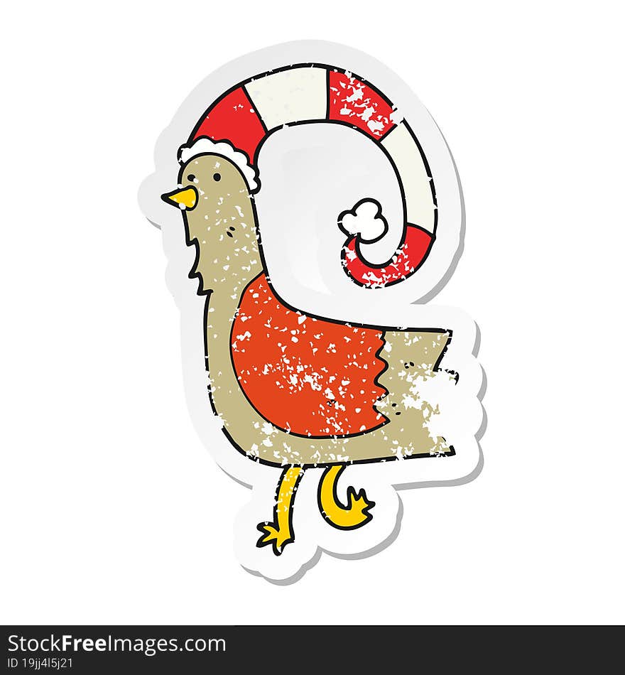 distressed sticker of a cartoon chicken in funny christmas hat