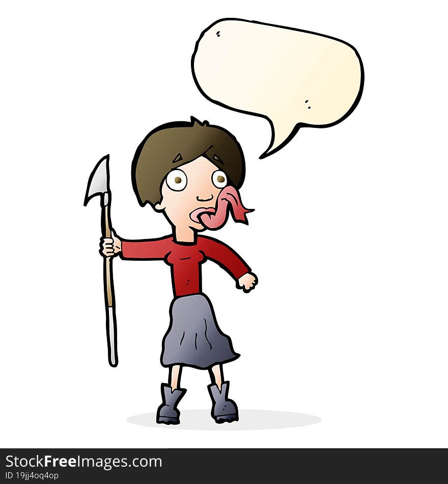 cartoon woman with spear sticking out tongue with speech bubble