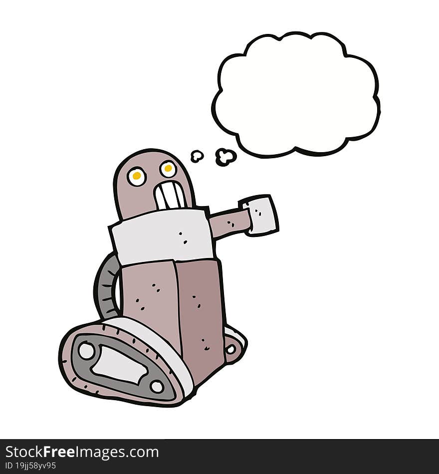 cartoon tank robot with thought bubble