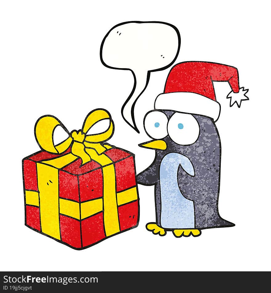 freehand drawn texture speech bubble cartoon christmas penguin with present