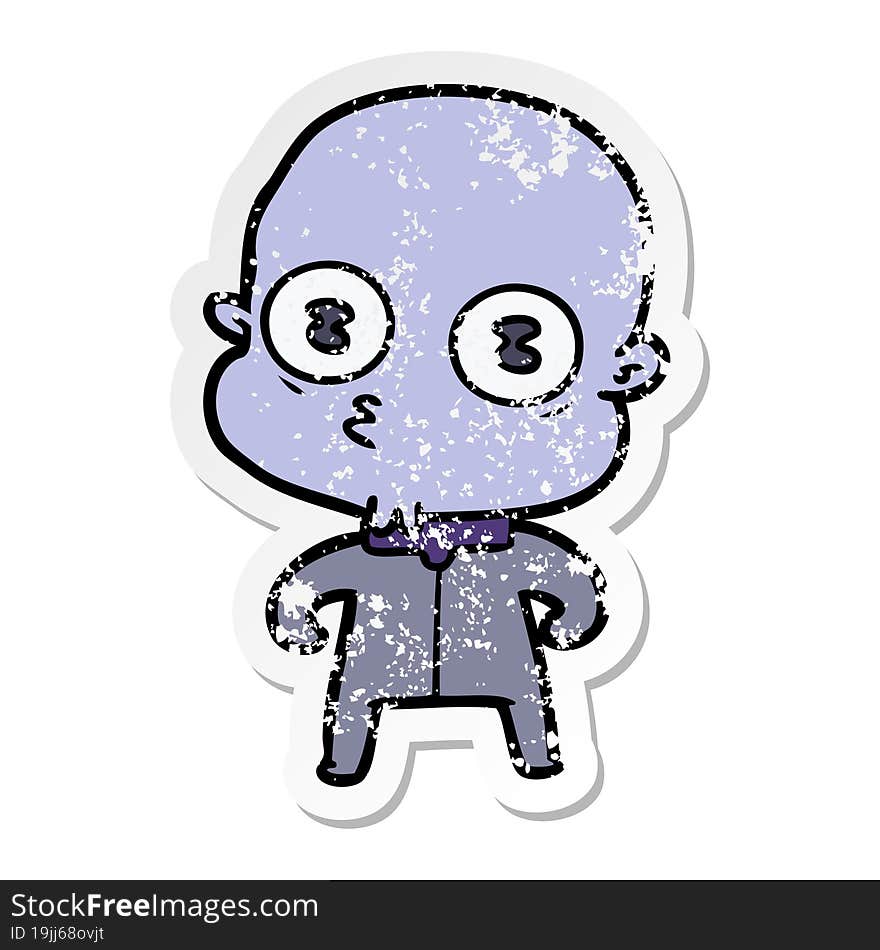 distressed sticker of a cartoon weird bald spaceman