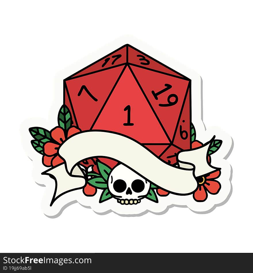 sticker of a natural one d20 dice roll. sticker of a natural one d20 dice roll