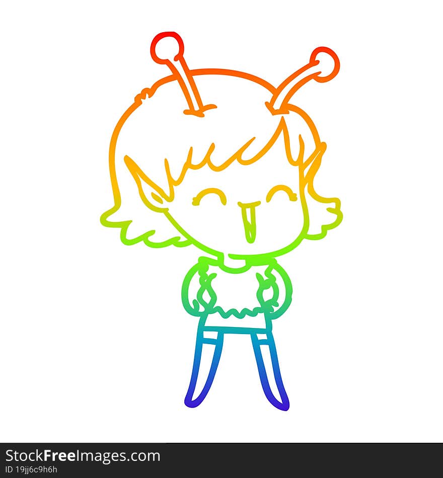 rainbow gradient line drawing of a cartoon alien girl laughing