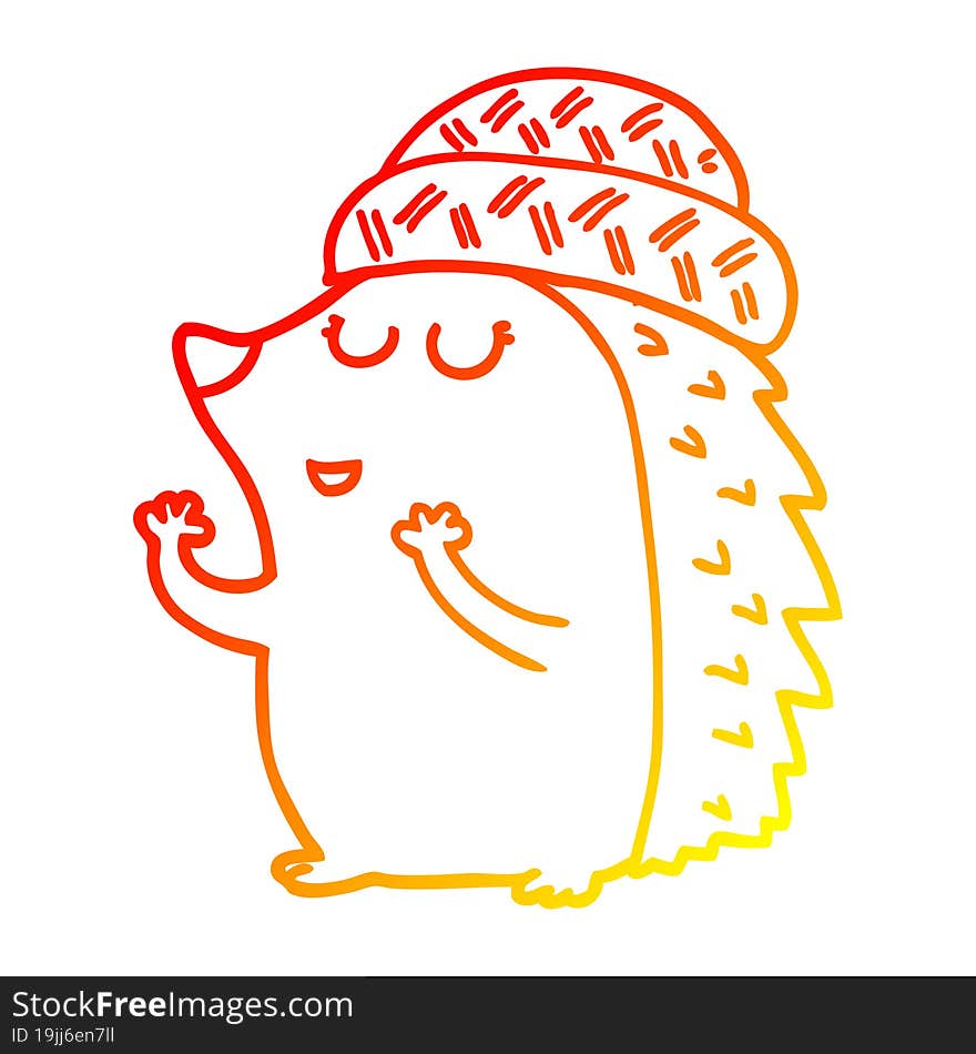 warm gradient line drawing cartoon hedgehog wearing hat