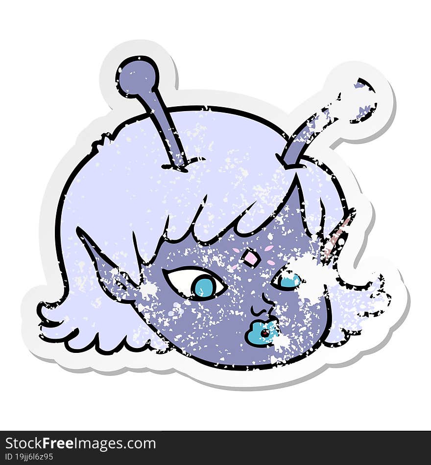 distressed sticker of a cartoon alien space girl face