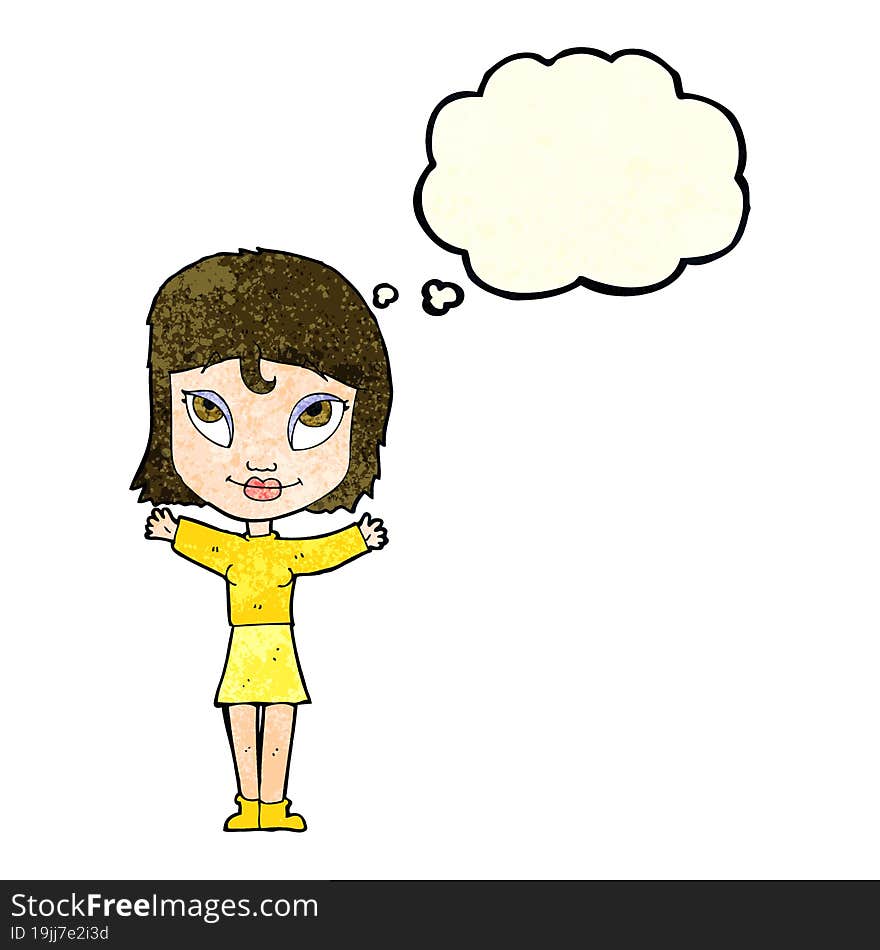 cartoon woman with open arms with thought bubble